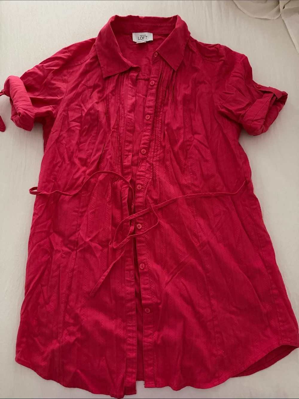 LOFT Hot Pink Button-Front Tunic with Waist Tie
